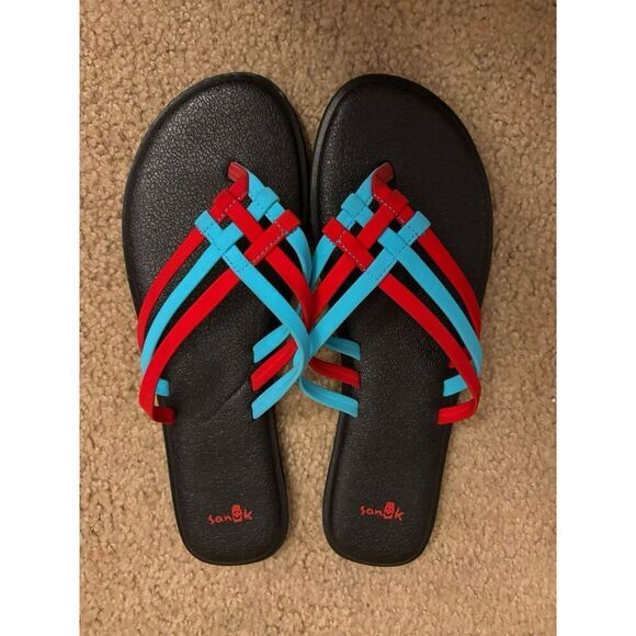 Sanuk Women's Yoga Salty Criss Cross Flip Flop Sandal Aqua / Bright Red Sz 9 - Picture 1 of 7